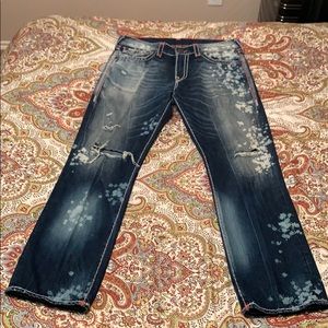 Big Stitching, Faded Ripped True Religion Jeans.